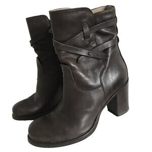 Alberto Fermani Brown Leather Buckle Chucky Heel Zip Up Ankle Boots 37 6.5 RARE